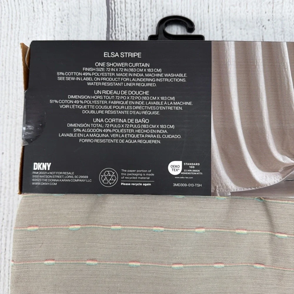 DKNY Shower Curtain Elsa Stripe Beige Pink Aqua Cotton Blend Modern Crisp Clean